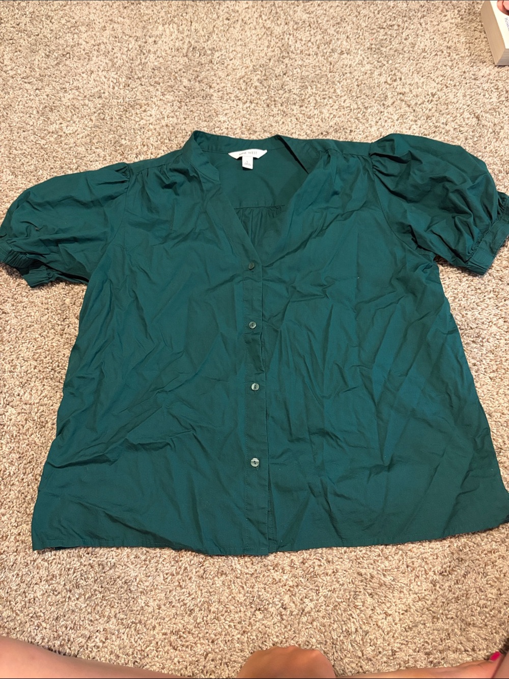 Nine West Women’s Emerald Green Button-Front Puff Sleeve Top, 100% Cotton